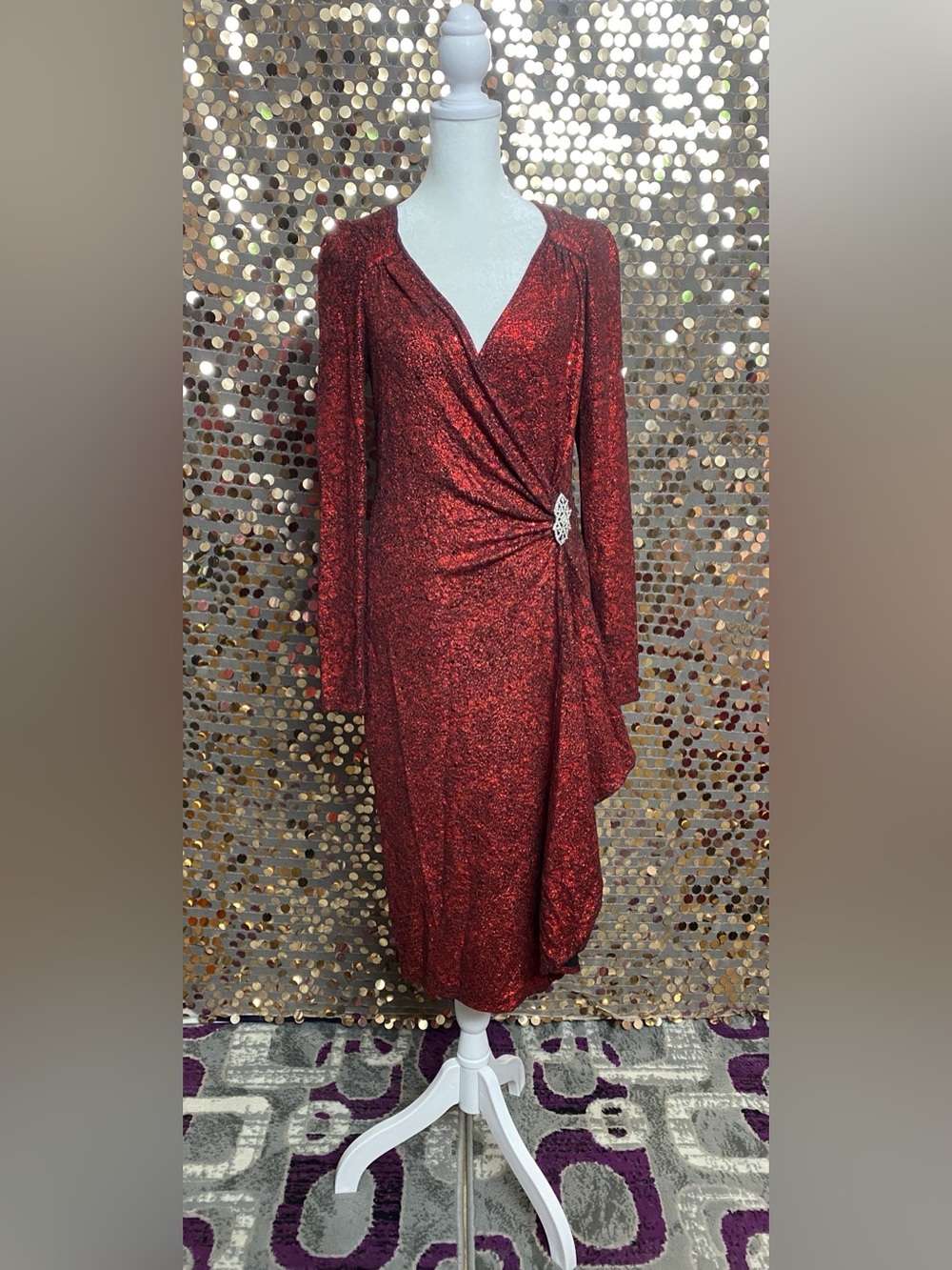 Red Sparkle Long Sleeve Midi Dress #1624